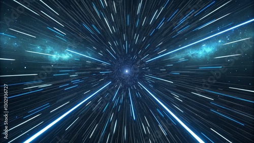 Hyperspace jump with light streaks in deep space