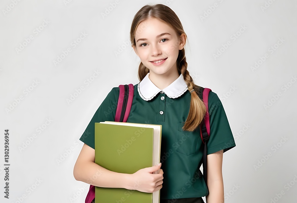 Obraz premium Smiling Student in Uniform Holds Books. Generative Ai