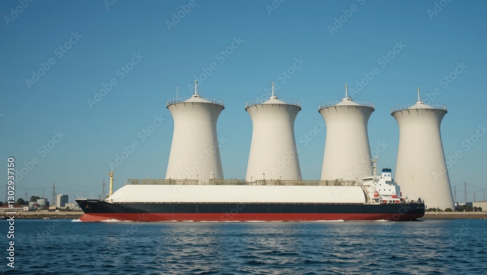 Large Cargo Ship Passing Alongside Unique Industrial Cooling Towers Against Clear Blue Sky Large Cargo Ship Passing Alongside Unique Industrial Cooling Towers Against Clear Blue Sky