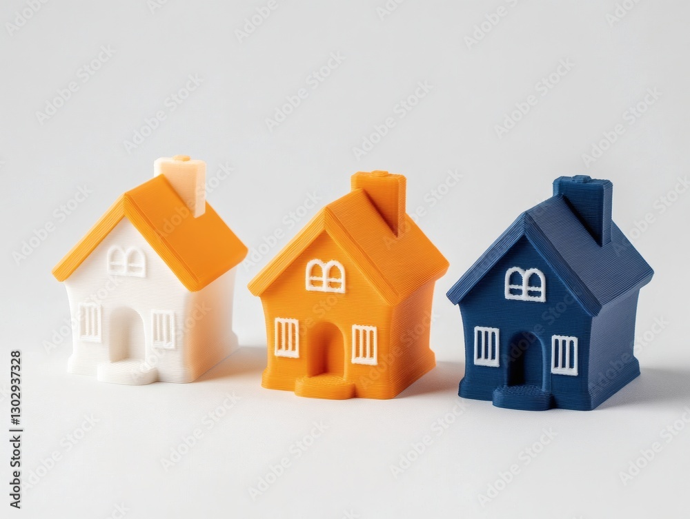 3D Printed Miniature Houses in Vibrant Colors on White Background
3D Printed Miniature Houses in Vibrant Colors on White Background