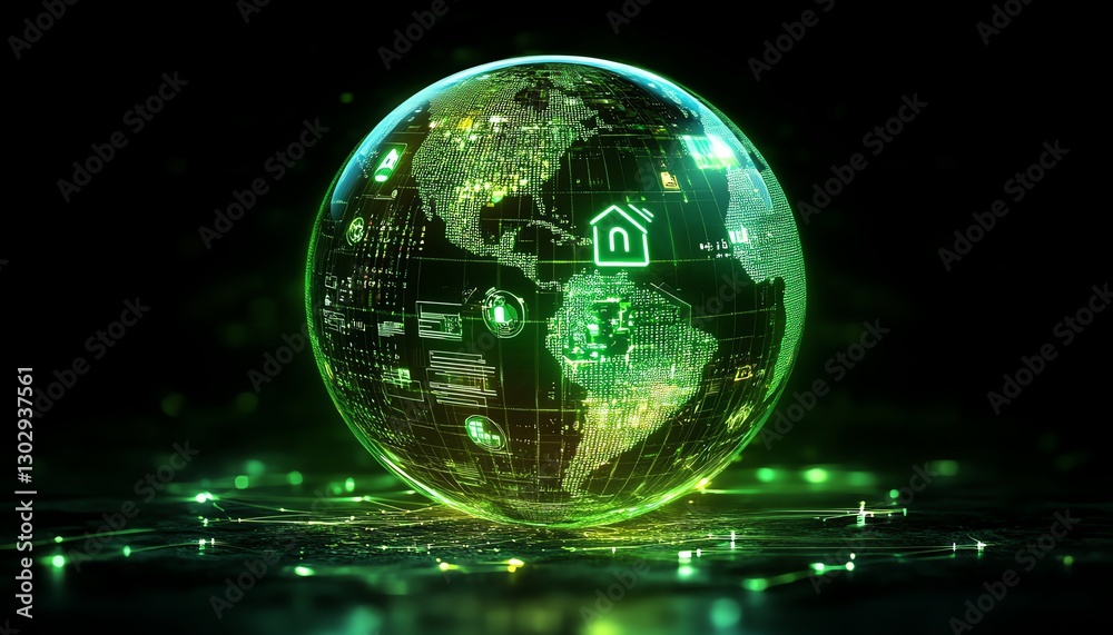 Obraz premium Futuristic glowing green globe representing global connectivity, with digital earth design, icons for home, person, and chart illustrating the flow of global information