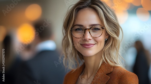 3D charismatic businesswoman networking at a professional event, engaging with fellow executives