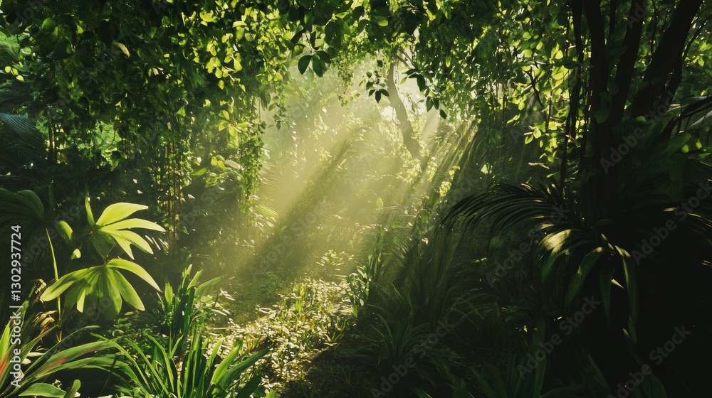 Fototapeta premium Lush tropical forest canopy bathed in sunlight, capturing the serenity of a jungle paradise