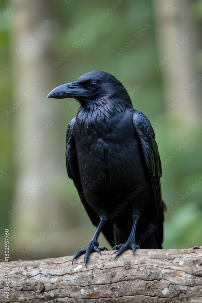 Majestic Black Crow Perched on a Log in a Lush Forest Environment Majestic Black Crow Perched on a Log in a Lush Forest Environment