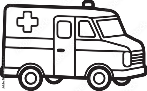 ambulance line art, black outline, vector and illustration, coloring book page line art