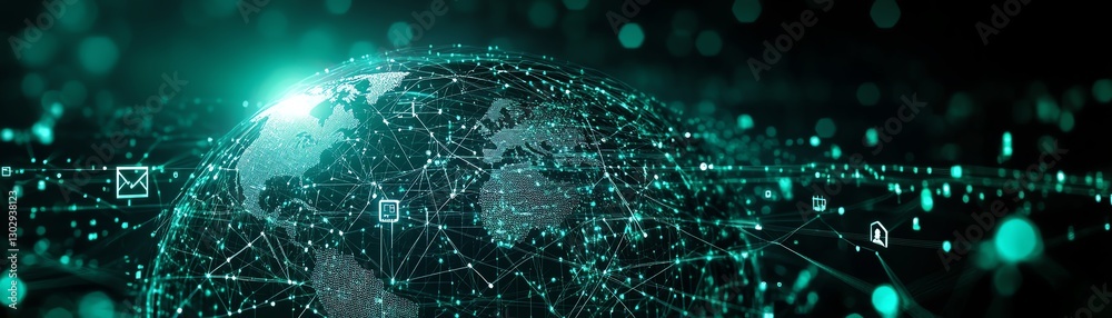 Glowing green globe representing an interconnected global network Glowing green globe representing an interconnected global network
