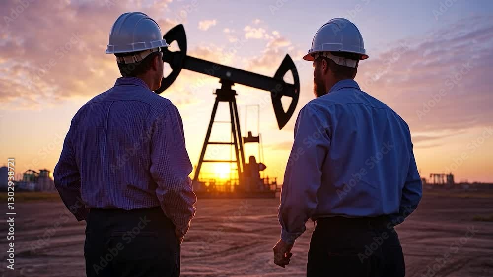 Two workers observe an oil pumpjack at sunset, highlighting industry and teamwork in action