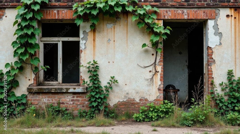 Overgrown Brick Building with Vines and Open Doorway