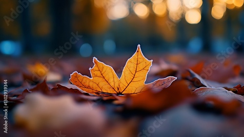 Autumn leaf on park ground, golden hour photo