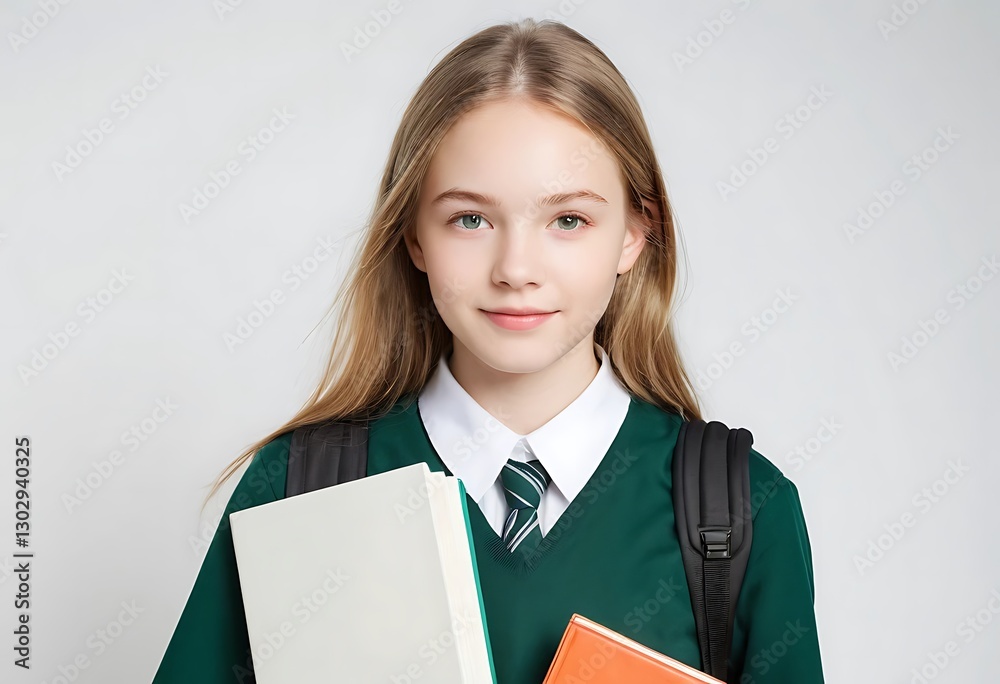 Obraz premium Smiling Student in Uniform Holds Books. Generative Ai
