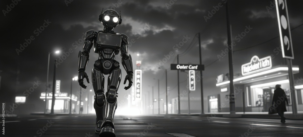 Retro Robot Walks City Streets at Night: Highlighting the eerie blend of technology and old town charm.