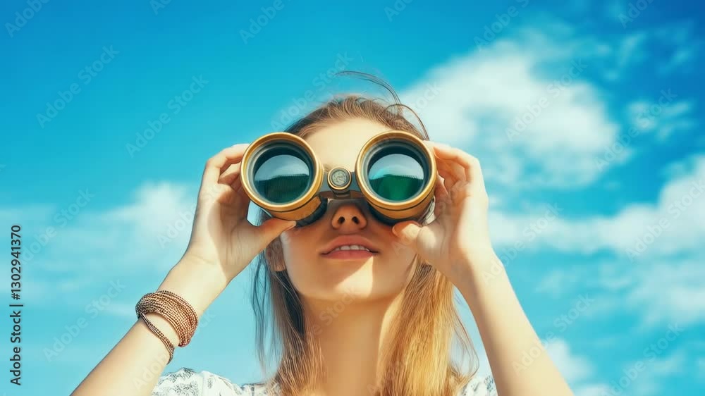 Woman using binoculars to observe nature against a beautiful sky in a scenic outdoor location Woman using binoculars to observe nature against a beautiful sky in a scenic outdoor location