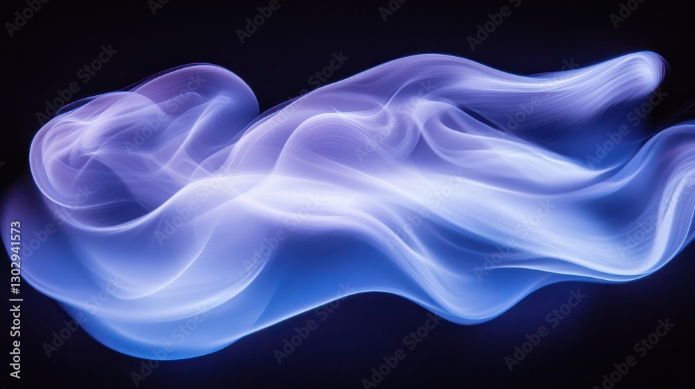Fototapeta premium A mesmerizing, abstract color gradient wave, transitioning from deep midnight blue to a soft lavender, sweeps across a stark black backdrop. A blurred, grainy, light wave noise texture overlays 