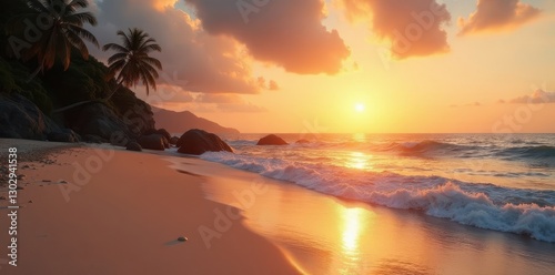 Soft golden light bathes calm beach at sunset , texture, soft