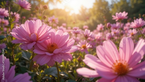 Beautiful Blooming Pink Flowers Bathed in Soft Sunlight in a Serene Garden Landscape