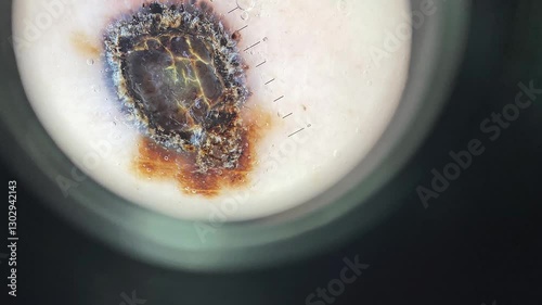 Melanoma is a malignant tumor of the human skin. Macro magnified 20 times with a dermatoscope microscope.