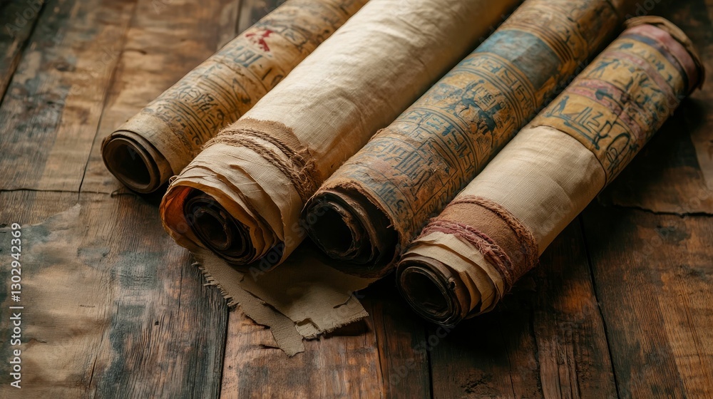 Ancient scrolls rolled on rustic wooden surface. Ancient scrolls rolled on rustic wooden surface.
