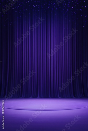 Dramatic purple stage with curtains and overhead lights, creating a sense of performance and show