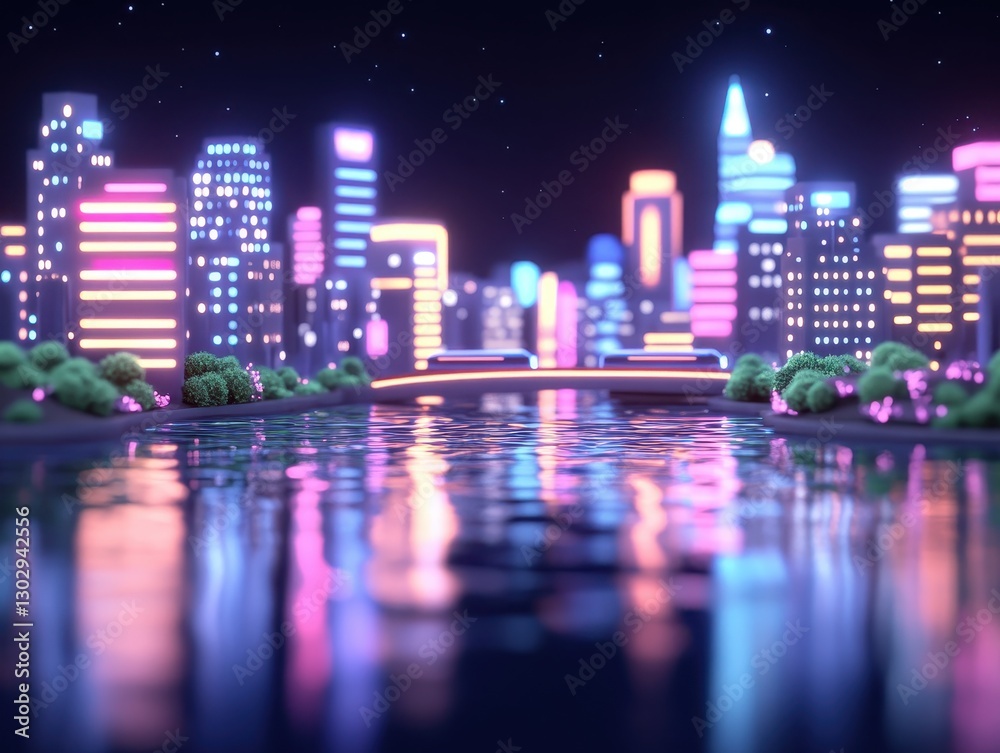 Vibrant nighttime cityscape with illuminated buildings reflecting on water Vibrant nighttime cityscape with illuminated buildings reflecting on water