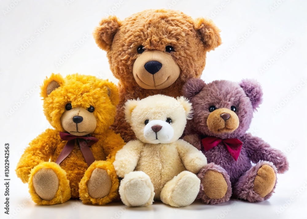 Obraz premium Three Cute Teddy Bears Sitting Together on White Background - Adorable Plush Toys