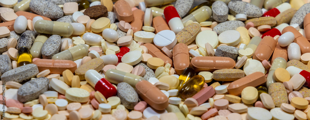 A pile of various medicines pills and tablets