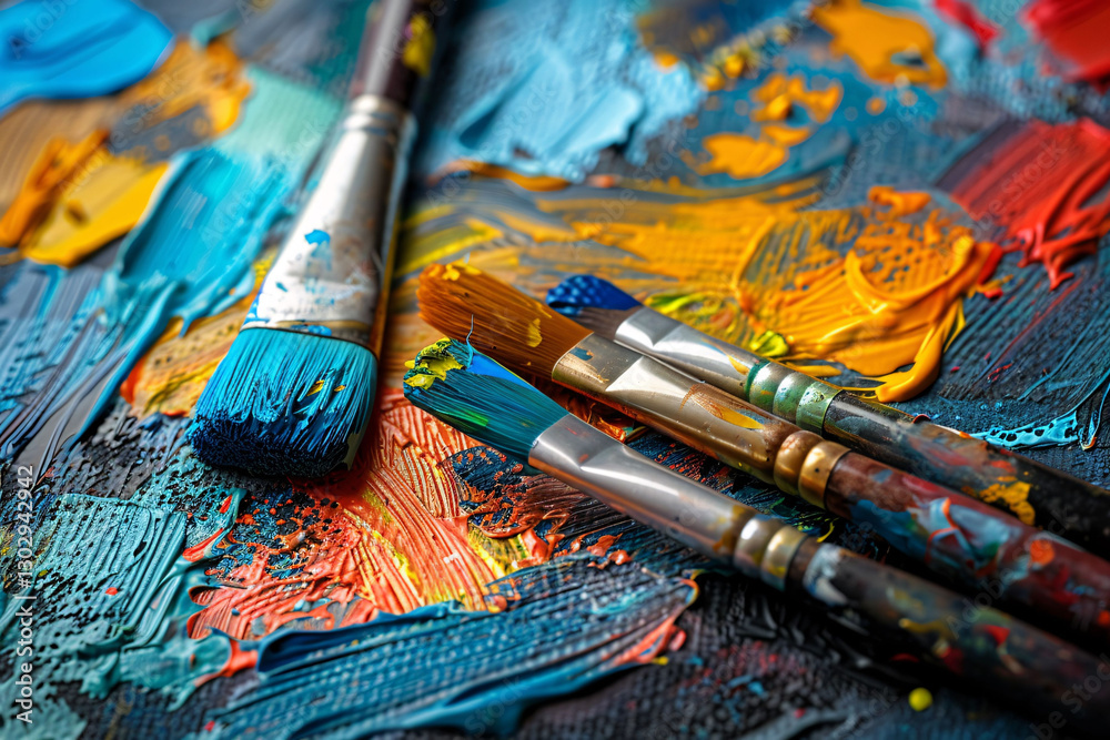 Obraz premium Close-up of an artist's workspace with vibrant paint and brushes