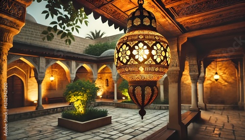 Elegant vintage lantern with Islamic motifs, glowing warmly in a serene courtyard at dusk, creating a spiritual ambiance—ideal for background and wallpaper