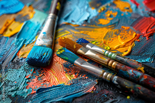 Close-up of an artist's workspace with vibrant paint and brushes