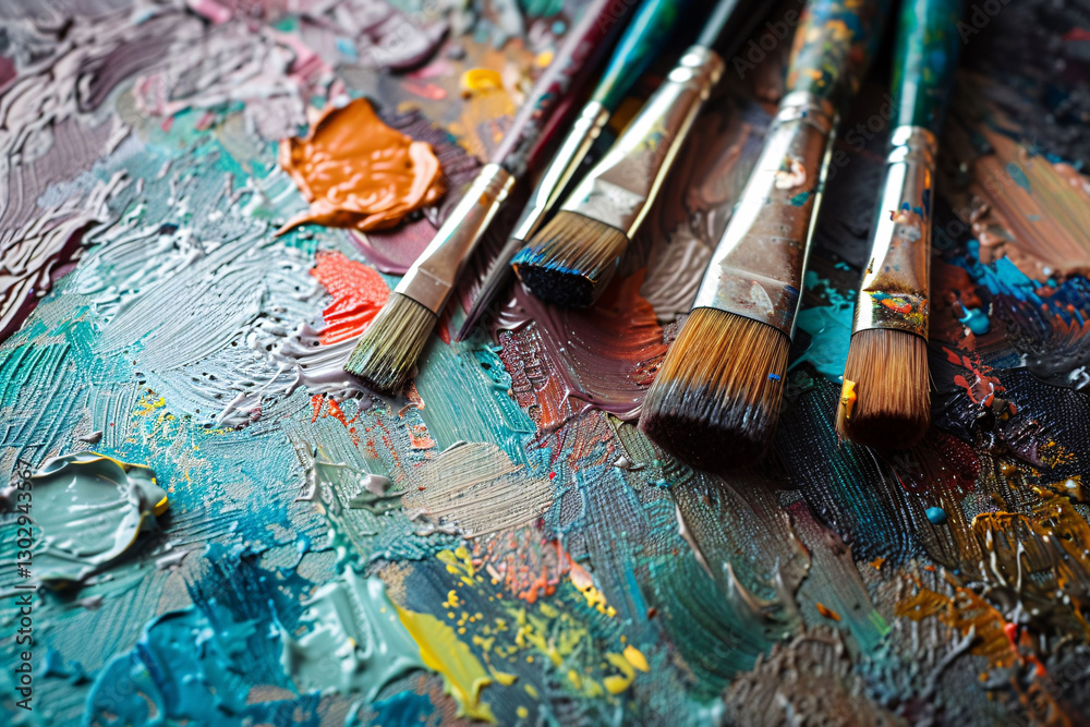 Fototapeta premium Detail of paintbrushes with wet acrylic paint on canvas