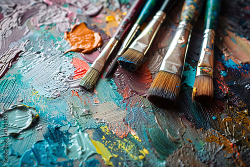 Detail of paintbrushes with wet acrylic paint on canvas