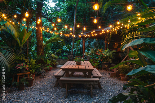 Elegant outdoor dining setup with a table under string lights