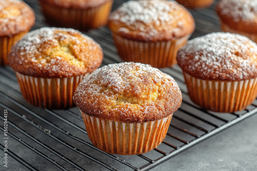 Freshly baked muffins dusted with powdered sugar, cooling on a wire rack, showcasing a golden-brown exterior and soft texture. Freshly baked muffins dusted with powdered sugar, cooling on a wire rack, showcasing a golden-brown exterior and soft texture.