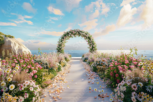 Elegant outdoor wedding setup with an aisle lined with flowers
