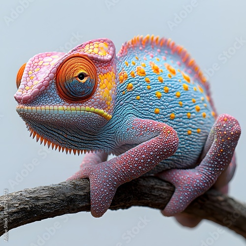 Mesmerizing Close up of a Chameleon s Vibrant Color Changing Skin on a Slender Branch photo