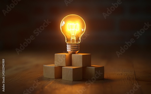 Bright yellow lightbulb atop wooden blocks