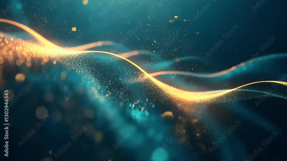 Abstract Golden Particles Flowing on a Dark Teal Background with Soft Bokeh Effect Digital Art Style Glowing Dots and Lines Forming a Wavy Pattern Modern Decorative Light Effects Visualization