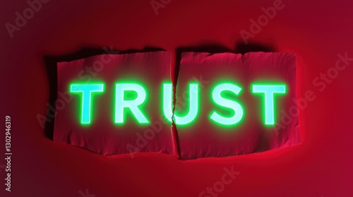 Torn paper with glowing 'TRUST' text symbolizing broken trust, red background creates a sense of unease.