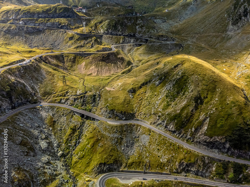 Aerial view of the Transfagarasan road in Romania. Curvy road through the Carpathian Mountains.