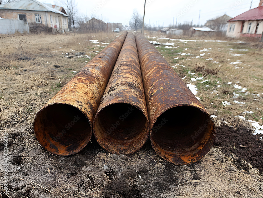 Rusted Yellow Industrial Pipes Arranged in a Row, Showcasing Wear and Aging From Exposure to Outdoor Elements Rusted Yellow Industrial Pipes Arranged in a Row, Showcasing Wear and Aging From Exposure to Outdoor Elements