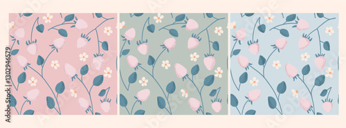 Rosa strawberry seamless pattern with leaves and flowers on blue, pink and black background