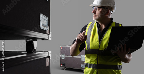 Man near cases with musical equipment. Boxes on wheels for transporting prices and cargo. ATA cases for musical equipment. Man in overalls is holding laptop. Loader with black boxes on gray photo