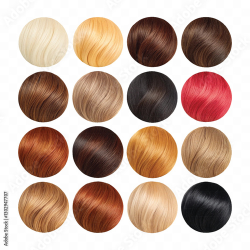 realistic complete set of different hair colors locks in rounded shape isolated on white background