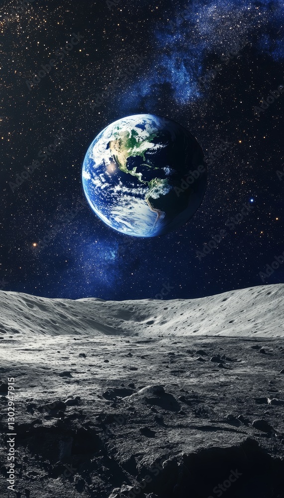 Fototapeta premium Stunning view of earth rising over the moon s surface against the vastness of deep space