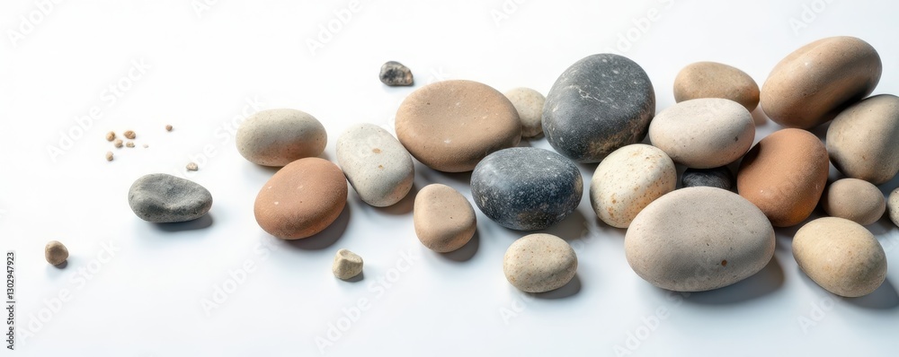 Varied sized river rocks casually strewn across a bright white surface, form, image, white Varied sized river rocks casually strewn across a bright white surface, form, image, white