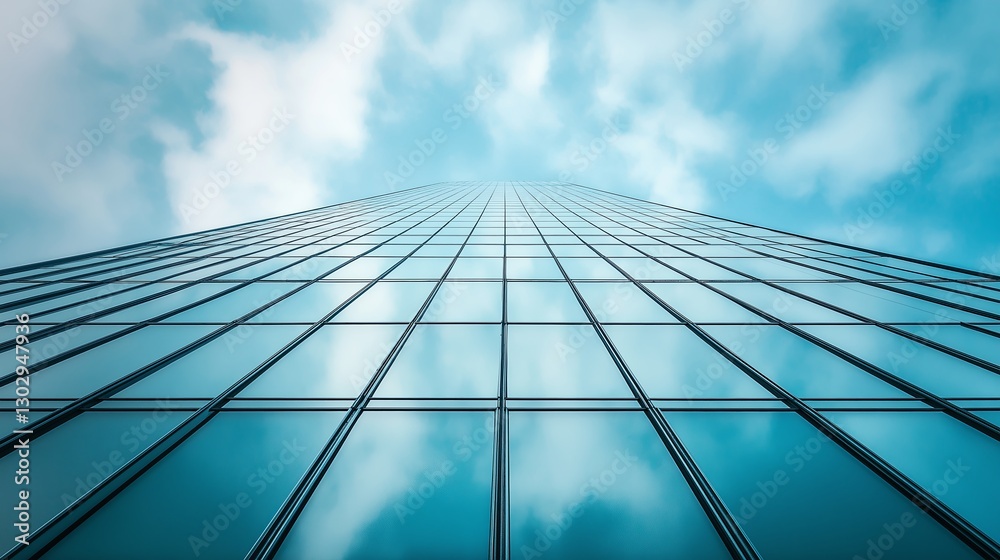 A symmetrical, modern glass skyscraper against a pastel blue sky A symmetrical, modern glass skyscraper against a pastel blue sky