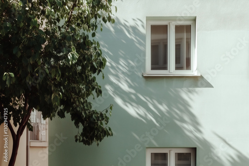 Green building with window and tree shade