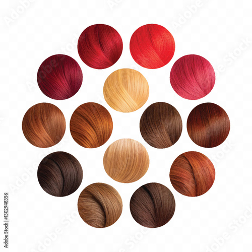 realistic complete set of different hair colors locks in rounded shape isolated on white background