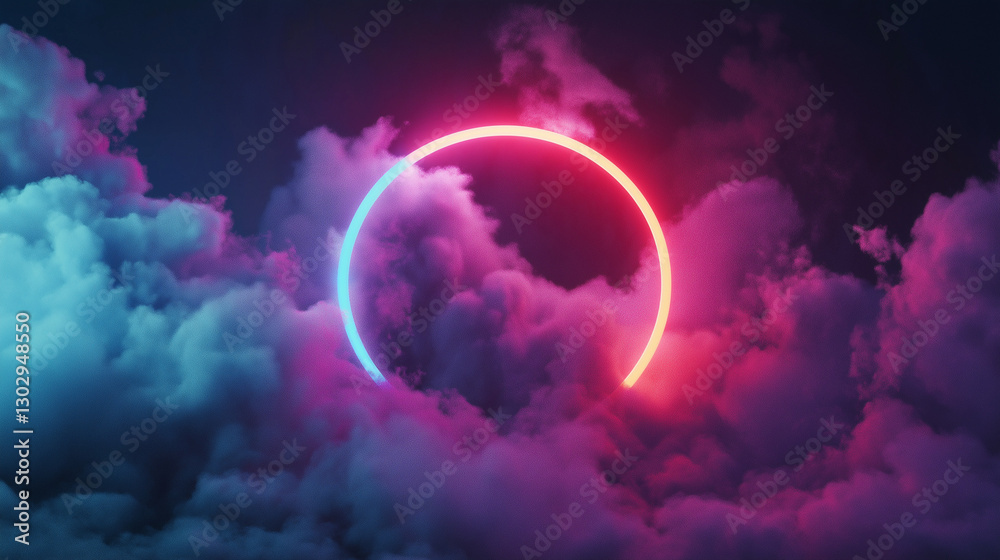 Fototapeta premium Futuristic neon-illuminated cloud with a glowing circular frame on a dark background, enhanced by abstract smoke and mist. Perfect for modern concept art, sci-fi themes, and atmospheric digital design