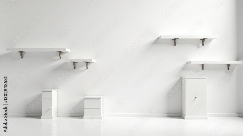 Minimalist White Room Interior Design with Floating Shelves and Cabinets Minimalist White Room Interior Design with Floating Shelves and Cabinets