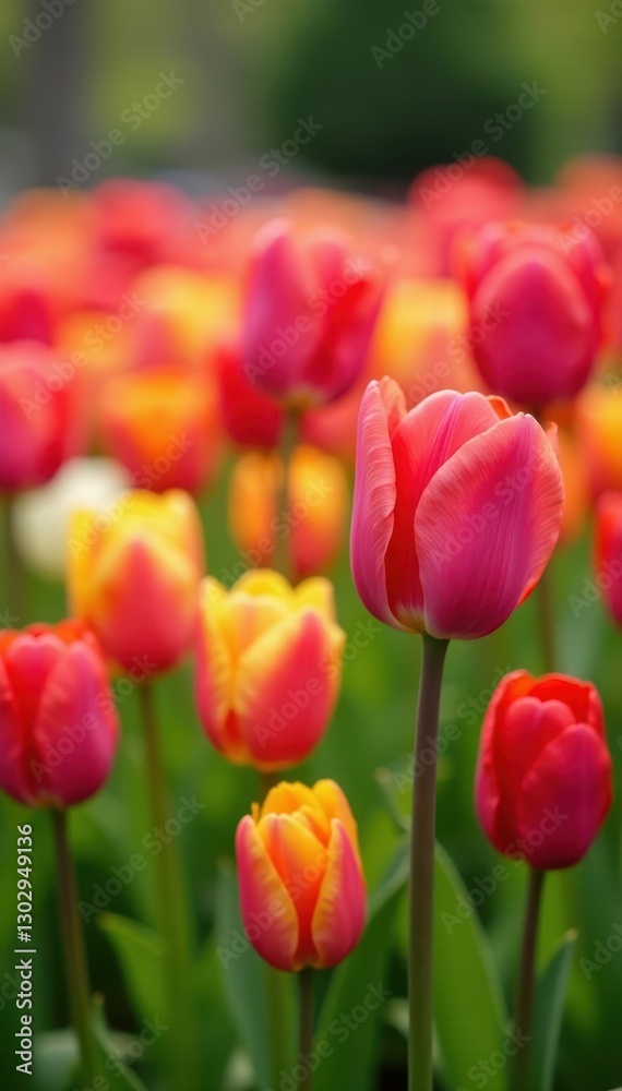 Fototapeta premium Vibrant spring tulips in full bloom, diverse colors , purple, flowers, red